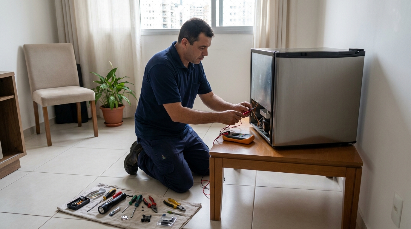 Técnico fazendo manutenção do motor de frigobar no Centro, Itajaí‑SC