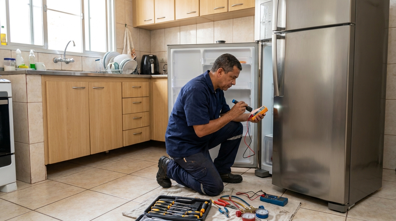 Técnico aplicando recarga de gás refrigerante em geladeira na Cidade Nova, Itajaí‑SC